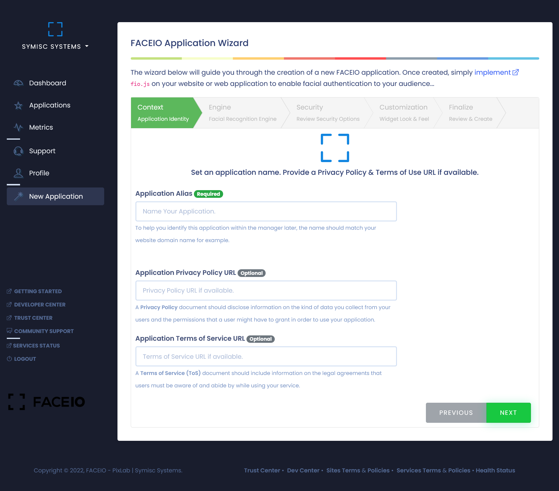 Asistente de aplicaciones FACEIO con las opciones de configuración