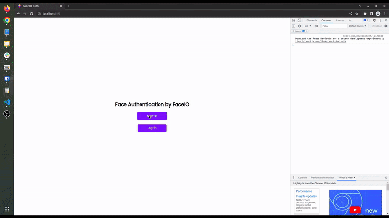 Widget de FACEIO mostrando el flujo de registro y autenticación